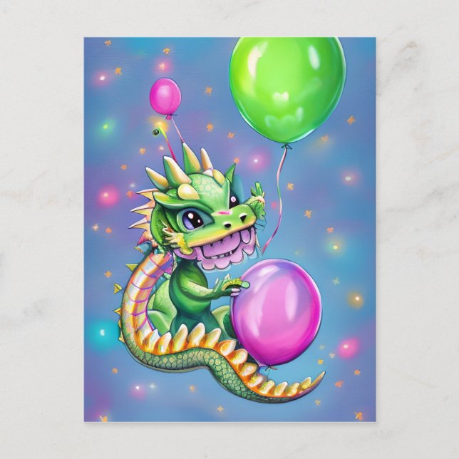 Postal Dragón de cumpleaños lindo con globos (Anverso)