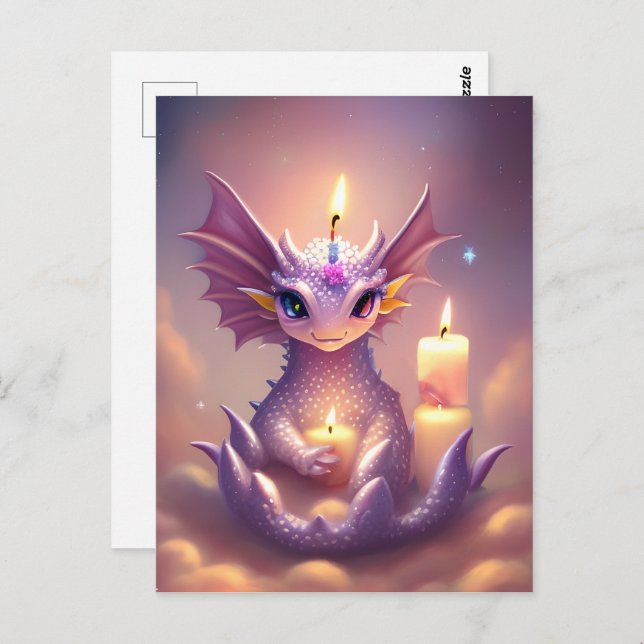 Postal Dragón de Fantasía con Velas de Cumpleaños (Anverso / Reverso)