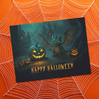 Postal Dragón de Halloween con calabazas aterradoras