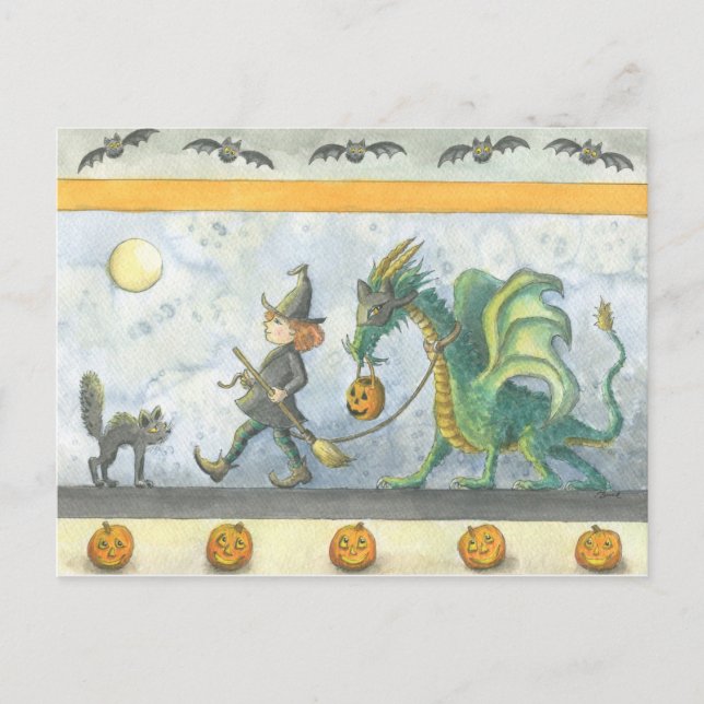 Postal Dragón de Halloween de la niñita (postal) (Anverso)