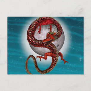 Postal Dragón de Luna Roja Arte de Fantasía Celestial
