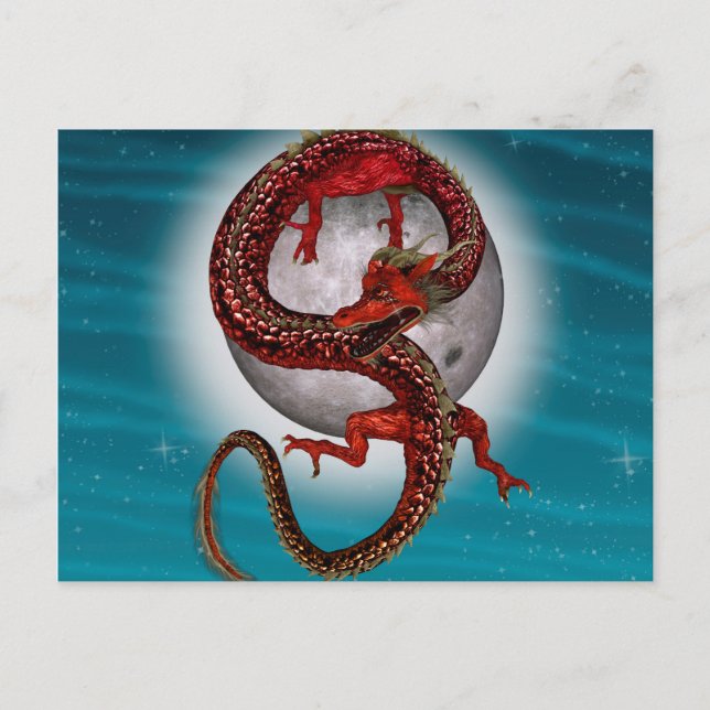 Postal Dragón de Luna Roja Arte de Fantasía Celestial (Anverso)