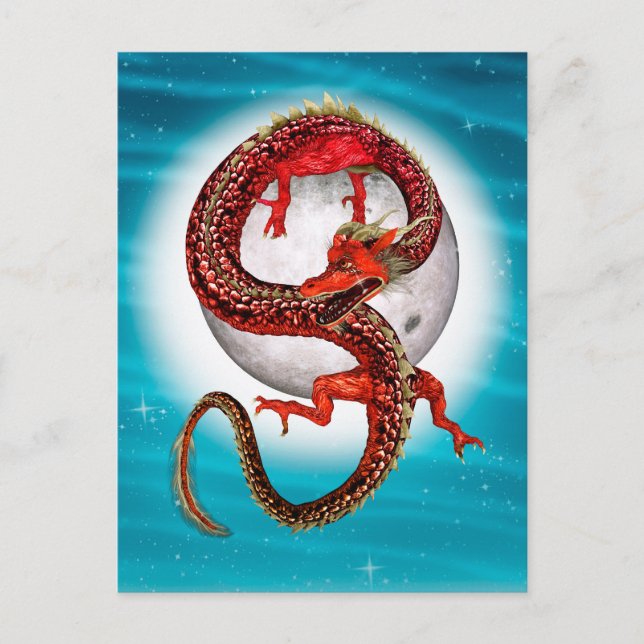Postal Dragón de Luna Roja Arte de Fantasía Celestial (Anverso)