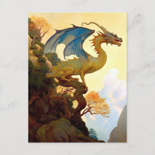 Postal Dragón De Oro En Una Postcarta De Arte Fantastico 