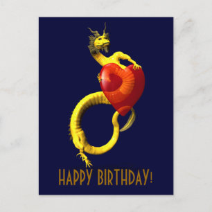Postal Dragón dorado con gran corazón rojo