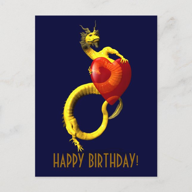 Postal Dragón dorado con gran corazón rojo (Anverso)