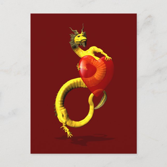 Postal Dragón dorado con gran corazón rojo (Anverso)