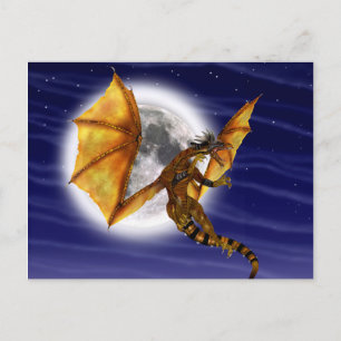 Postal Dragón Dorado Mítico Fantasía Creatura Cielo Púrpu