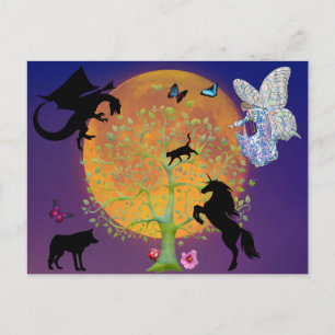 Postal Dragon Fantasy Tree de unicornio y luna llena