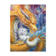 Dragón Fiero y Gato Blanco en Bosque Místico