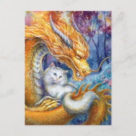 Postal Dragón Fiero y Gato Blanco en Bosque Místico