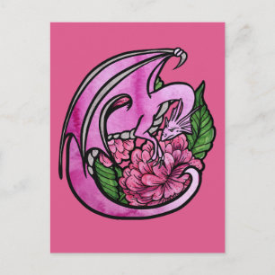 Postal Dragón Floral Flores Geek Girl Rosa Caliente      