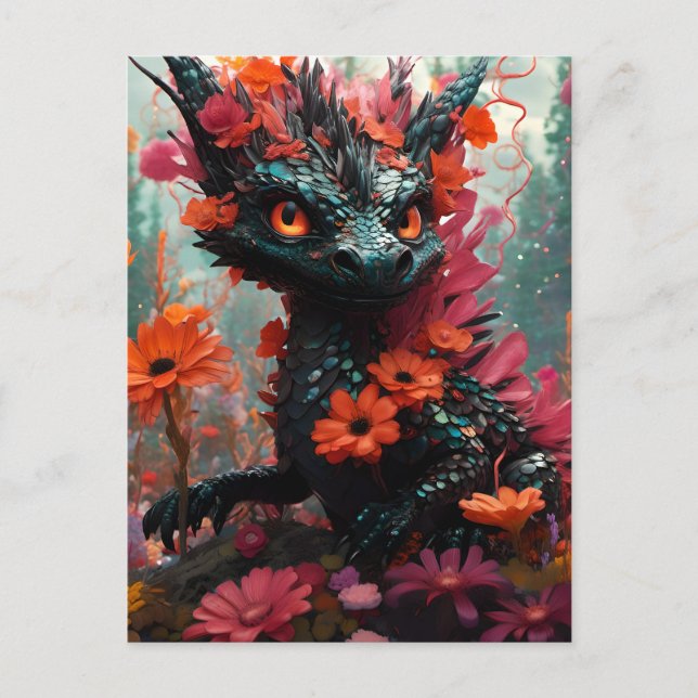 Postal Dragón floral negro (Anverso)