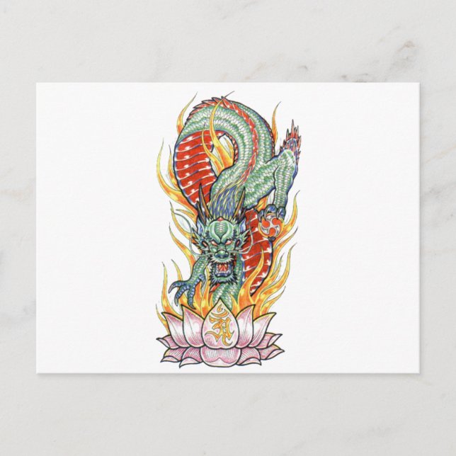 Postal Dragón japonés y flores del Lotus (Anverso)