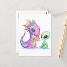 Postal Dragón morado lindo bebe comiendo pizza con aliení