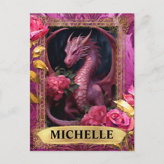 Postal Dragón romántico de Fuchsia y fantasía de Rosas (Anverso)