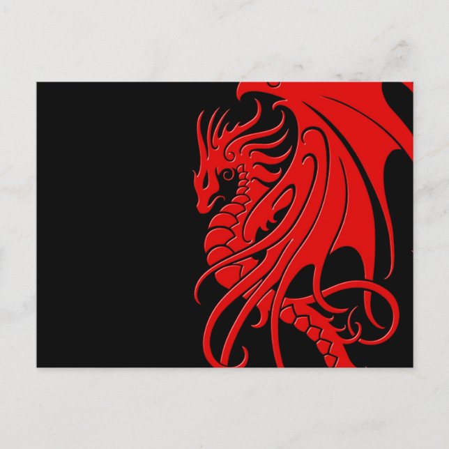 Postal Dragón tribal volador - rojo sobre negro (Anverso)