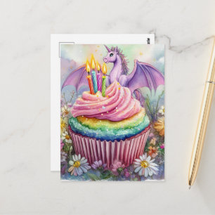 Postal Dragón Unicornio Con Cupcake y Flores