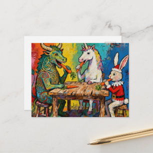 Postal Dragón, Unicornio y Conejo de Santa comen zanahori