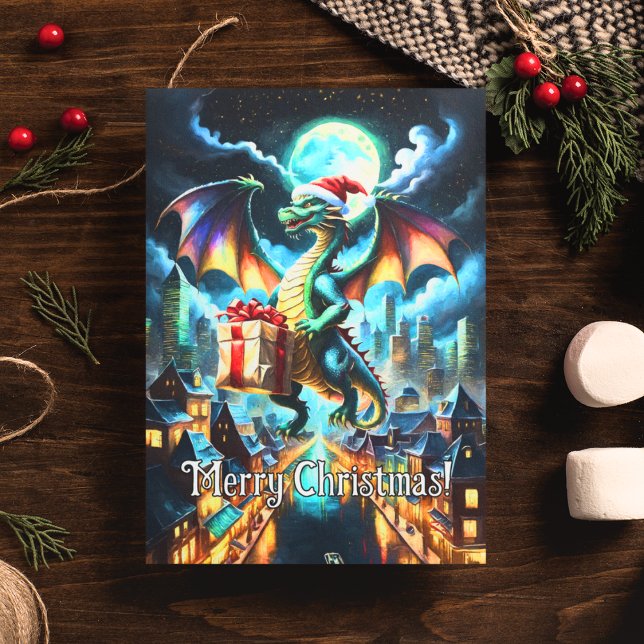 Postal Dragón verde entregando regalos a los Navidades (Subido por el creador)