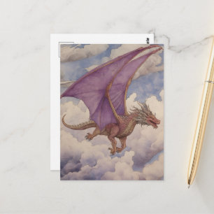 Postal Dragón Vintage Alas Moradas Acuarela en Nubes