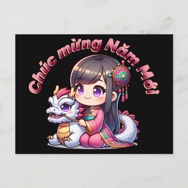 Postal Dragón y Chica de Año Nuevo vietnamita (Anverso)