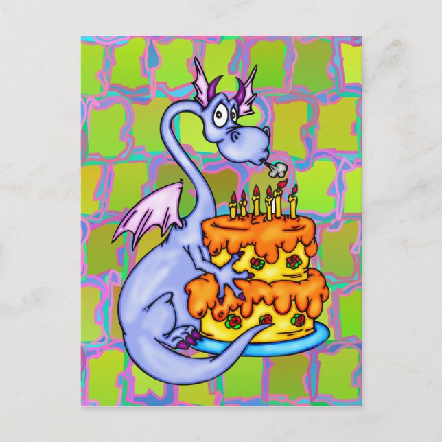 Postal Dragón y pastel de cumpleaños (Anverso)