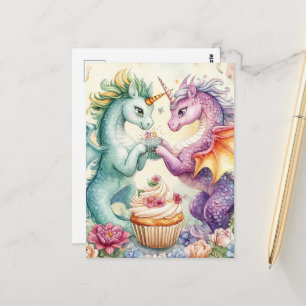 Postal Dragones de unicornio lindos con pastelito y flore