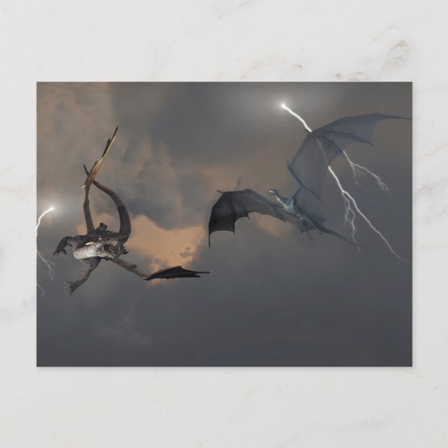 Postal Dragones luchando en nubes de tormenta (Anverso)