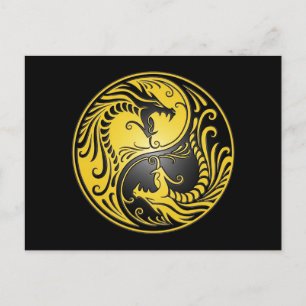 Postal Dragones Yin Yang, amarillo y negro