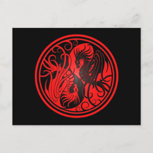 Postal Dragones Yin Yang volando - rojo y negro