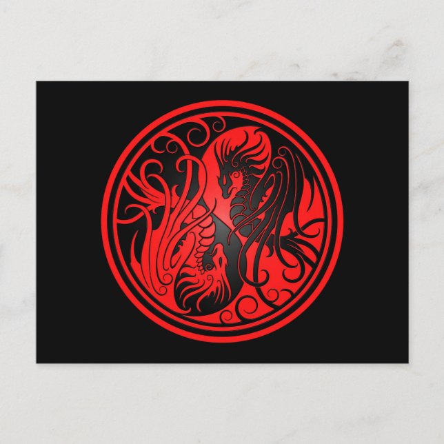 Postal Dragones Yin Yang volando - rojo y negro (Anverso)