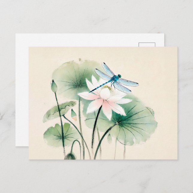 Postal Dragonfly de tinta china sobre Lotus (Anverso / Reverso)