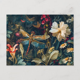 Postal Dragonfly en un jardín con Daisies y Lilies Illu