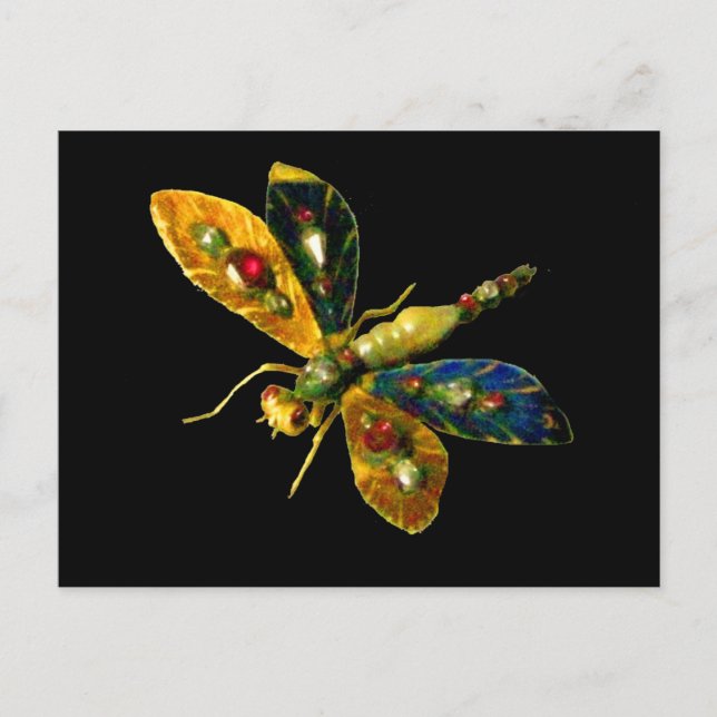POSTAL DRAGONFLY JEWEL DE ORO ANTIGUO CON GEMAS EN NEGRO (Anverso)