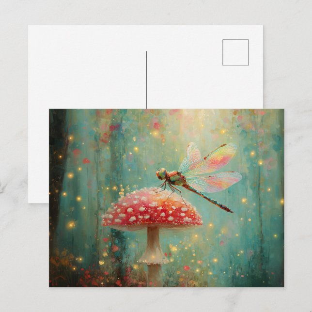 Postal Dragonfly mágico sobre un hongo (Anverso / Reverso)