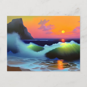 Postal Dramáticas olas oceánicas y puesta de sol