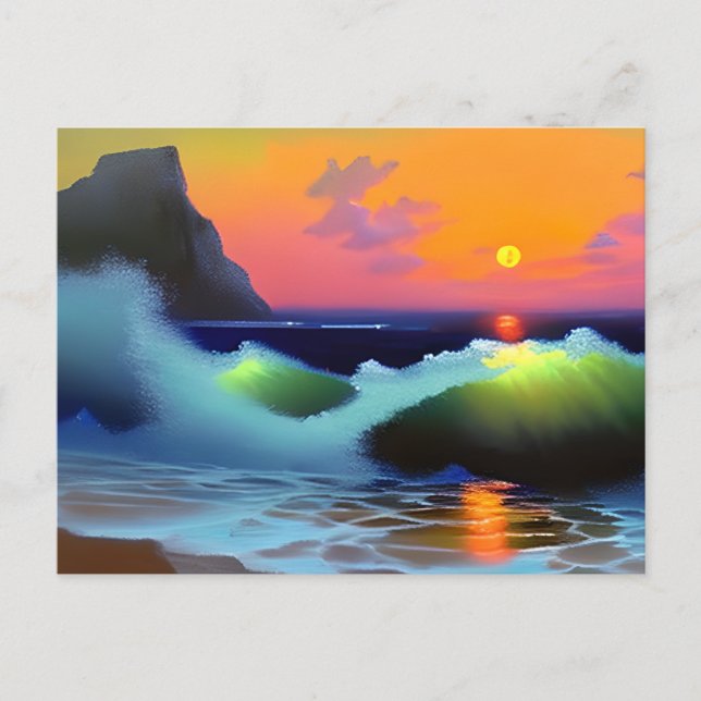 Postal Dramáticas olas oceánicas y puesta de sol (Anverso)