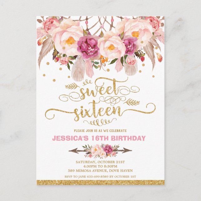 Postal Dream Catcher Sweet 16 Birthday Invitation Boho (Anverso)