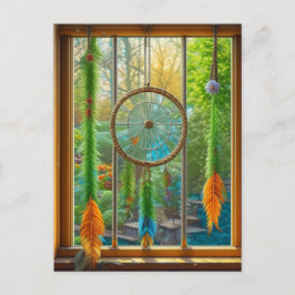 Postal Dreamcatcher con plumas azules, verdes y Naranjas