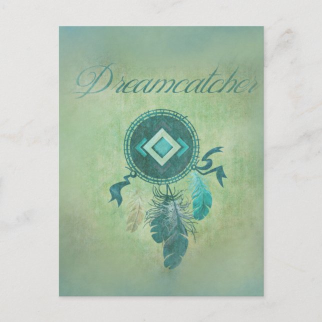 Postal Dreamcatcher en un fondo verde y sabroso (Anverso)