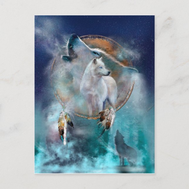 Postal Dreamcatcher indio y lobo de cabeza tribal étnico (Anverso)