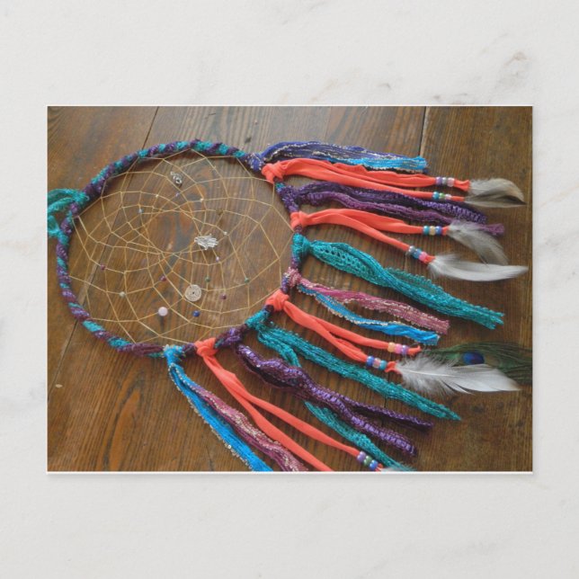 Postal Dreamcatcher morado verde azulado y rosa (Anverso)