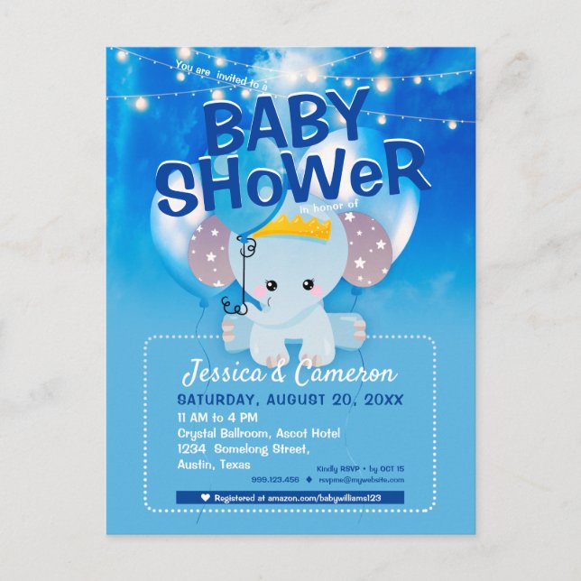 Postal Dreamy Blue Balloons Baby Elephant Baby Shower (Anverso)