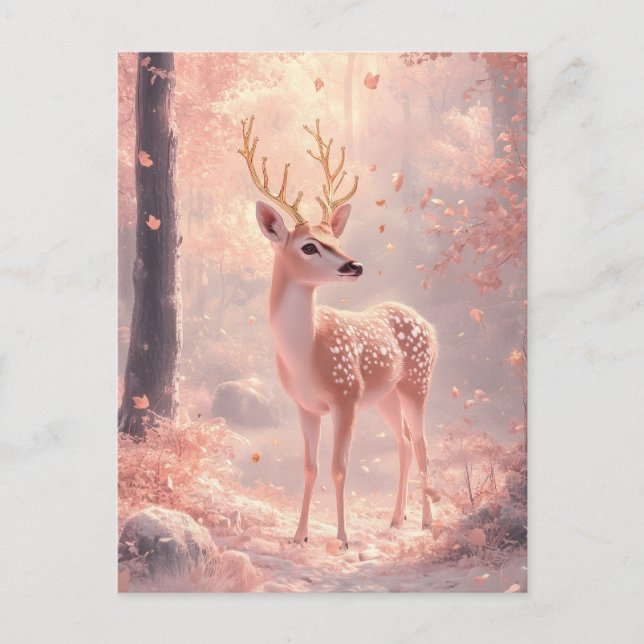 Postal Dreamy Fawn en los bosques rosados de otoño (Anverso)