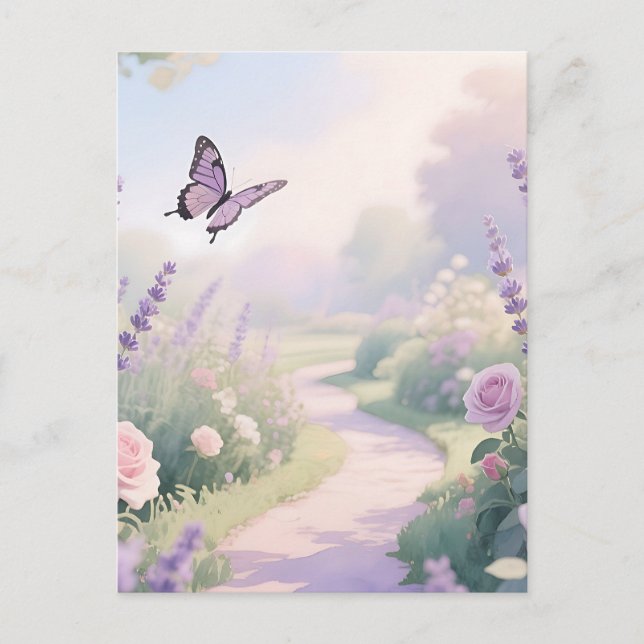 Postal Dreamy Lavender Rose Garden Butterfly Path (Anverso)