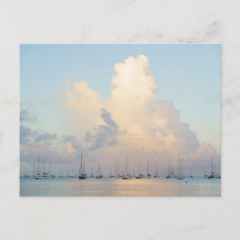 Postal Dreamy pastel sunrise over bay and sailing boats