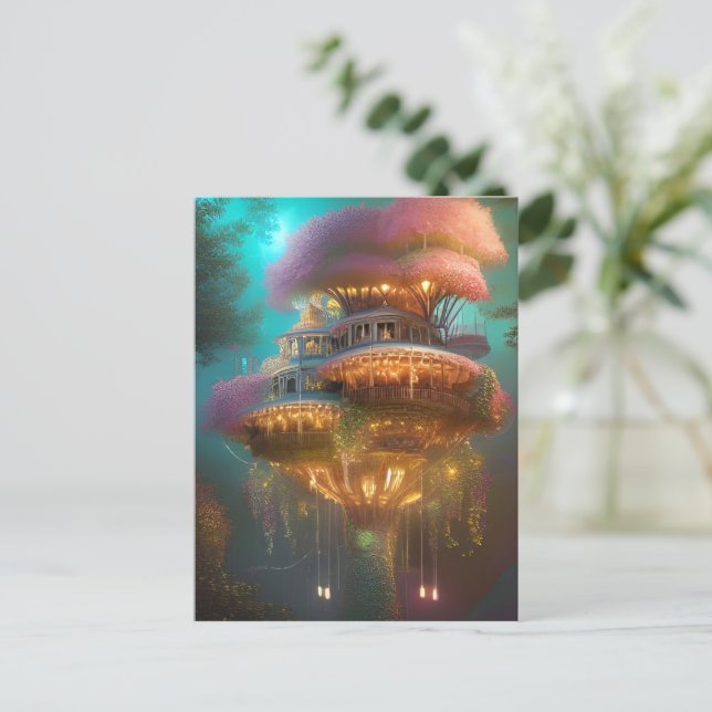 Postal Dreamy Pink Treehouse Digital Art (Anverso de pie)