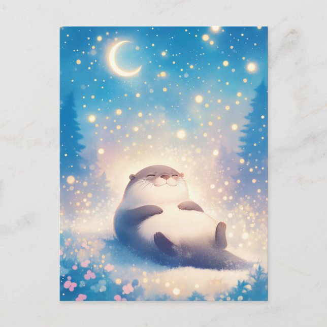 Postal Dreamy Sleeping Otter Moonlit Night Sky (Anverso)