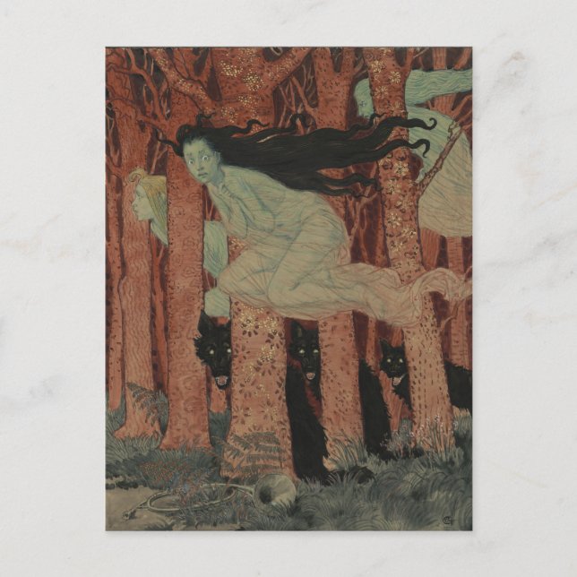 Postal Drei Frauen und drei Wölfe Eugène Grasset (Anverso)